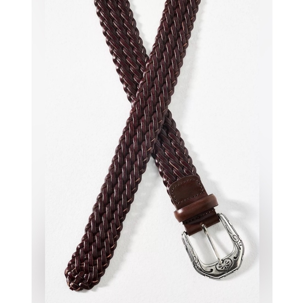 Anthropologie Belt Western Silver Buckle NWT Sz S Dark Brown Braided Leather $98